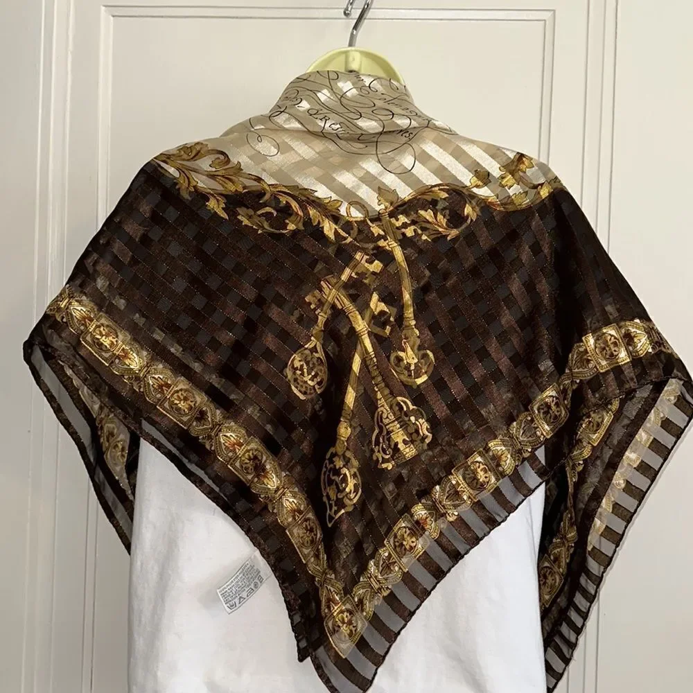 Vtg very large Liz‎ Claiborne brown, gold & cream polyester scarf/ key print